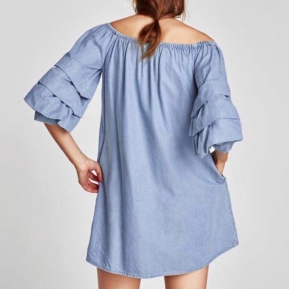 Zara Ruffle Sleeve Chambray Denim Off Shoulder Dress - Picture 3 of 16
